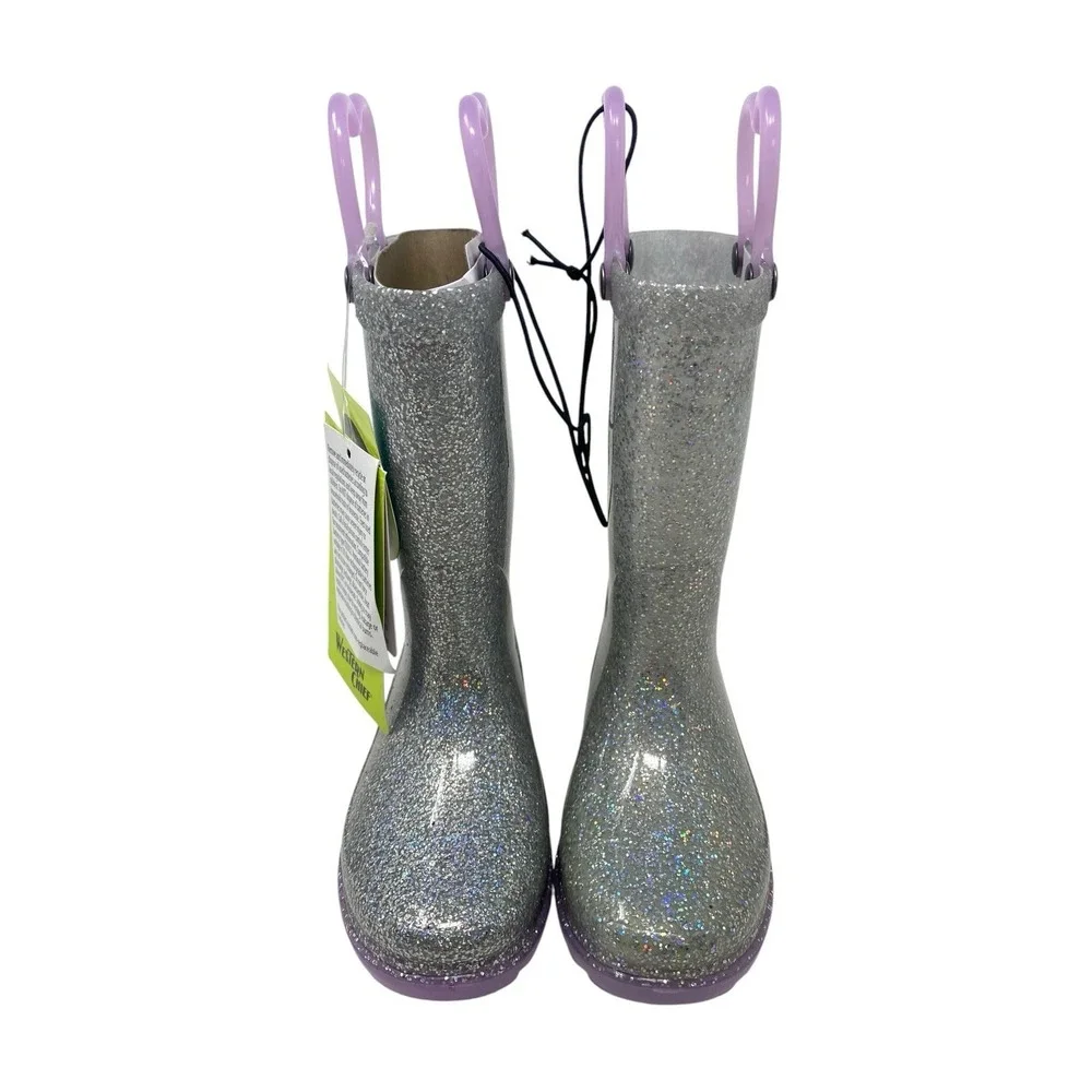 NEW Western Chief Girls Silver Rainbow Glitter Light Up Rainboots Size 6